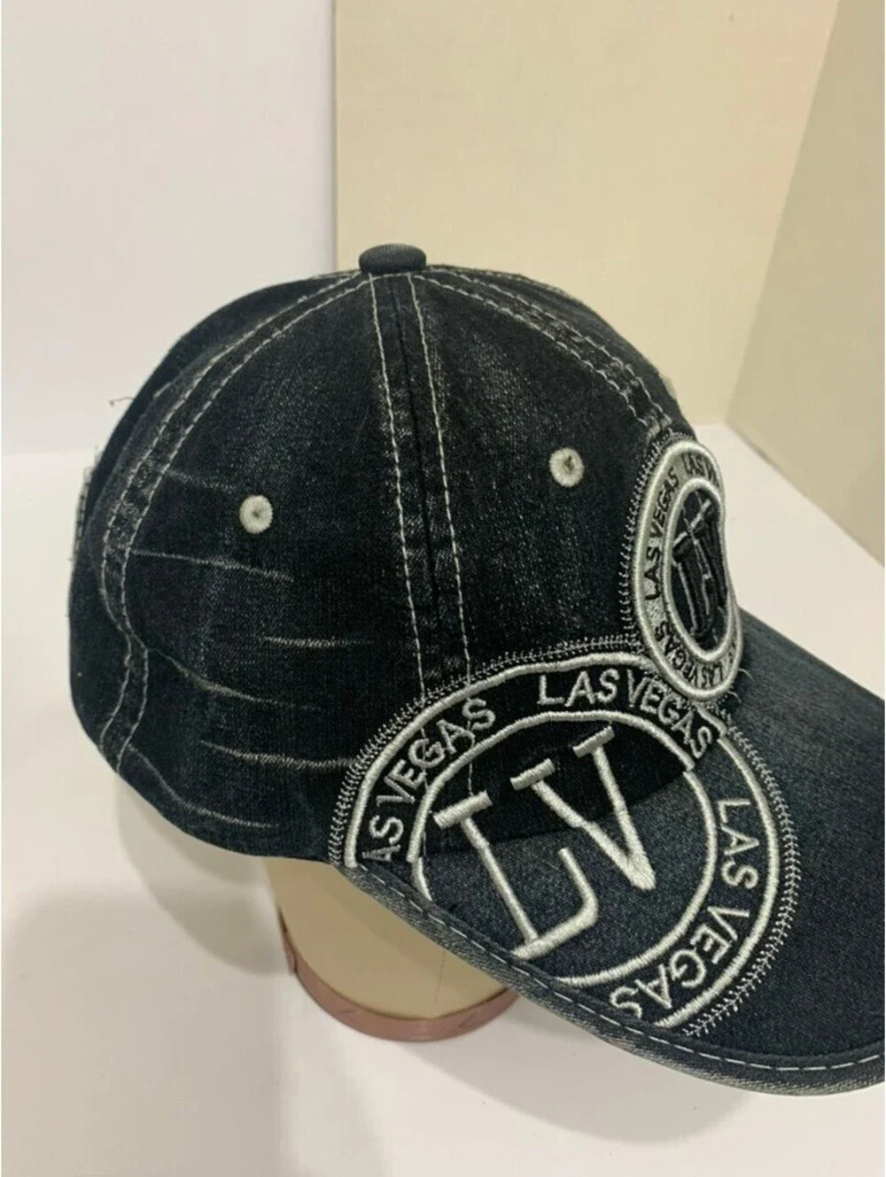 Robin Ruth Las Vegas NV Black Distressed Denim Embroidered Baseball Cap Hat